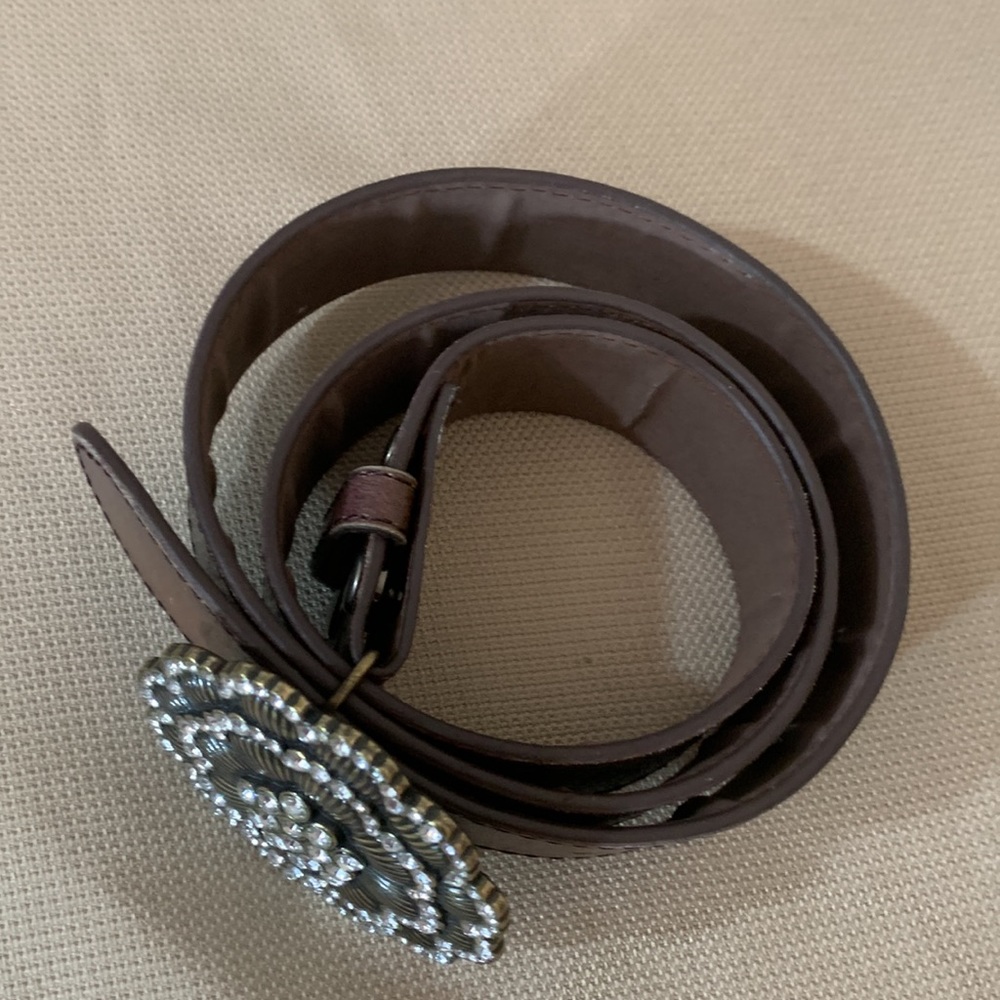 Classico Italian Boutique Large Genuine Leather Belt w/Flower Rhinestone Buckle - Picture 10 of 10